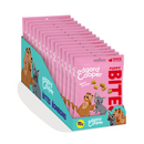 White background with a box of 15 pink packets of Edgard & Cooper Puppy Bites Duck and Chicken pictured. On the packet is an illustrated French Bulldog and Cocker Spaniel puppy. Text on the pack reads, 'Edgard & Cooper, Puppy Bites, Duck and Chicken. Low calorie, yes really.'