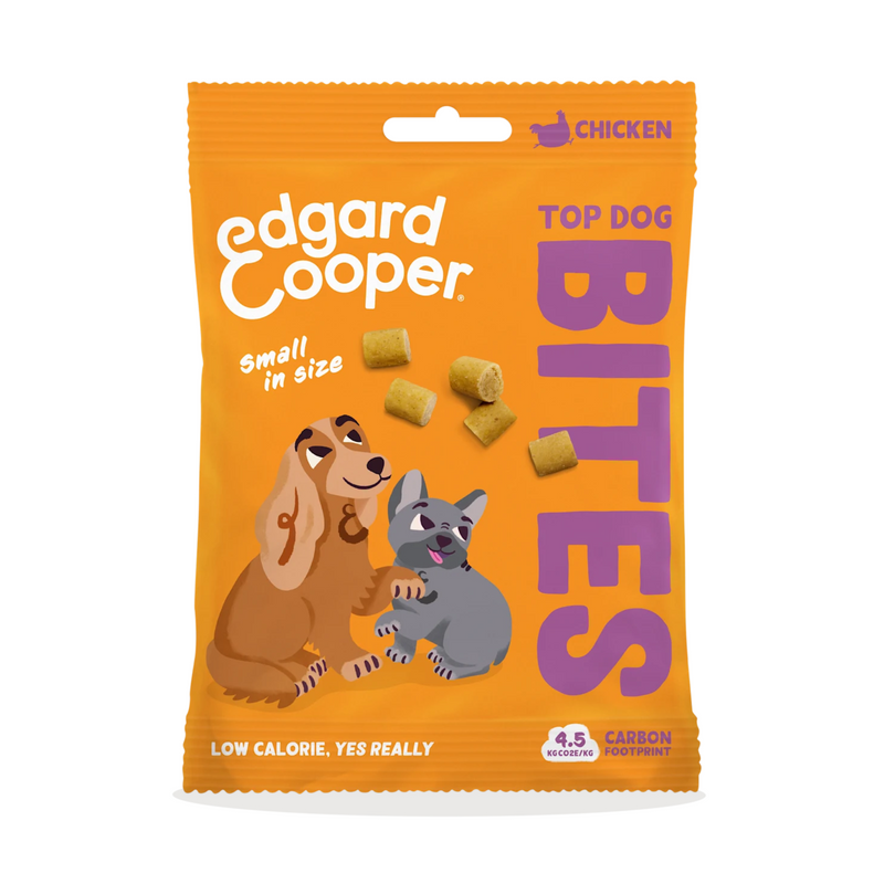 White background with an orange packet of Edgard & Cooper Small Bites Chicken pictured. On the packet is an illustrated French Bulldog and Cocker Spaniel. Text on the pack reads, 'Edgard & Cooper, Top Dog Bites, Chicken. Low calorie, yes really.'
