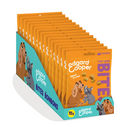 White background with a box of 15 orange packets of Edgard & Cooper Small Bites Chicken pictured. On the packet is an illustrated French Bulldog and Cocker Spaniel. Text on the pack reads, 'Edgard & Cooper, Top Dog Bites, Chicken. Low calorie, yes really.'