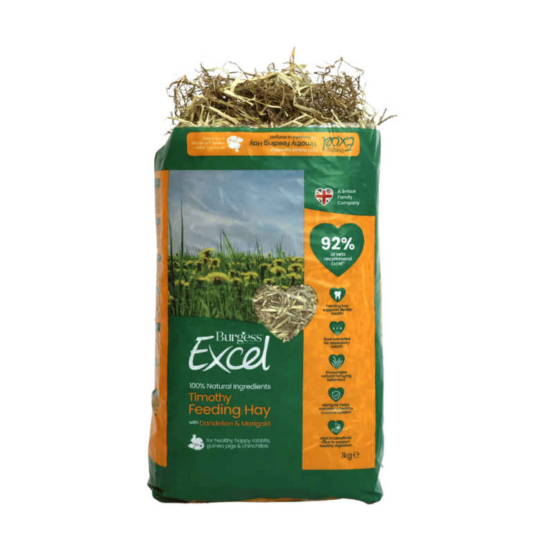 White background with a bag of Burgess Timothy Feeding Hay with Dandelion & Marigold. The bag is dark green and orange with a heart shape window showing the hay inside. Text on the bag reads 'Burgess Excel, Timothy Feeding Hay with Dandelion & Marigold.'