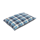 Pillow-type blue checked dog bed with a grey underside pictured on a white background. 
