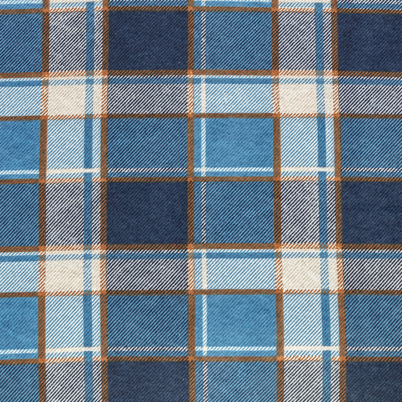 Close up of blue fabric checked dog bed. 
