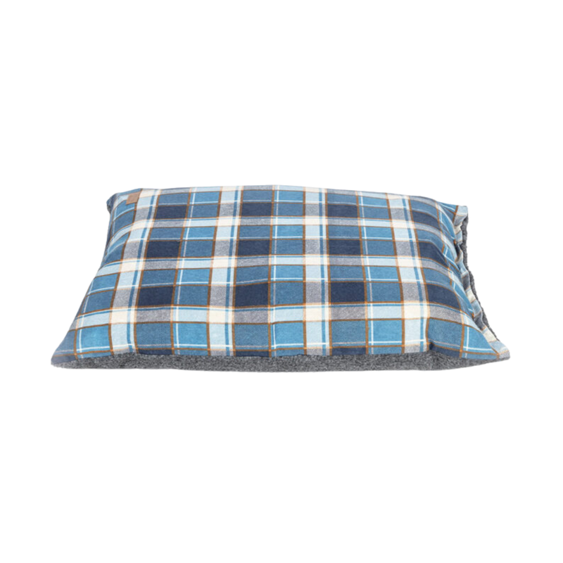 Pillow-type blue checked dog bed with a grey underside pictured on a white background. 