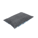 Pillow-type blue checked dog bed with a grey underside pictured upside down on a white background. 