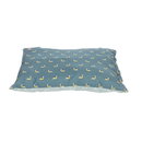 Pillow-type grey dog bed with illustrated birds and a patterned underside pictured on a white background. 