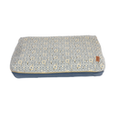 Pillow-type blue and yellow geometric patterned bed with a bee details and a blue underside pictured on a white background. 