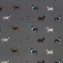 Close up of grey dog fabric with illustrated dogs - Pug, Dachshund, Boston terrier, fox terrier and Dalmatians.  