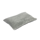 Pillow-type grey dog bed with illustrated dogs and a grey fleece underside pictured upside down on a white background. 