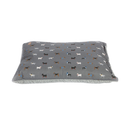 Pillow-type grey dog bed with illustrated dogs and a grey fleece underside pictured on a white background. 