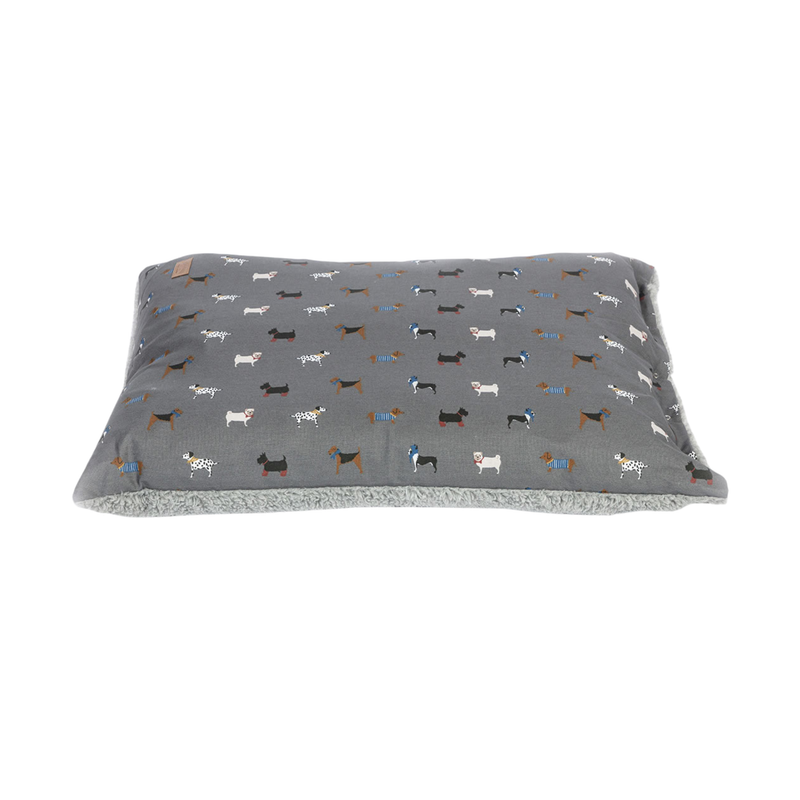 Pillow-type grey dog bed with illustrated dogs and a grey fleece underside pictured on a white background. 