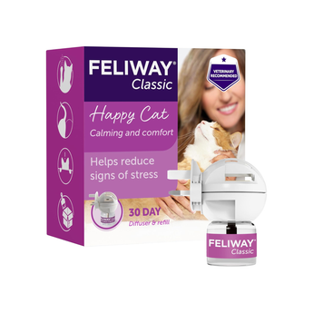 Feliway Classic Happy Cat calming diffuser and refill packaging shown on a white background, with the retail box, a small diffuser bottle, and a veterinarian recommended badge.