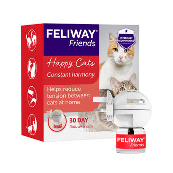 'Feliway Friends, Happy Cats, constant harmony' diffuser and refill bottle shown next to its retail packaging box on a white background.
