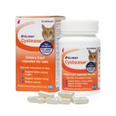 White background with a picture of an orange and white box of 30 capsule Feliway Cystease with a ginger tabby cat pictured. Text on the packet 'Feliway Cystease, Urinary tract supplement for cats, Specially formulated to help: Support feline urinary health, Support bladder lining, Reduce anxiety.' Next to the box is a bottle of the product with the same details as the box. In the foreground is a pile of the capsules. 