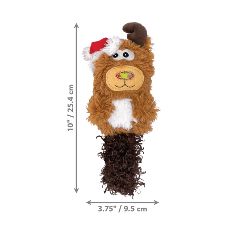 Fluffy plush reindeer kickeroo wearing a Christmas hat, with a dark brown fluffy tail pictured on a white background. 