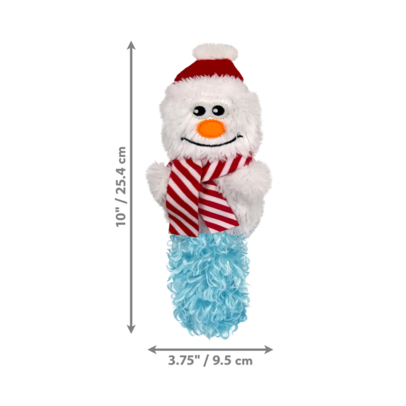 Fluffy plush snowman kickeroo wearing a Christmas hat and scarf, with a blue fluffy tail pictured on a white background. 