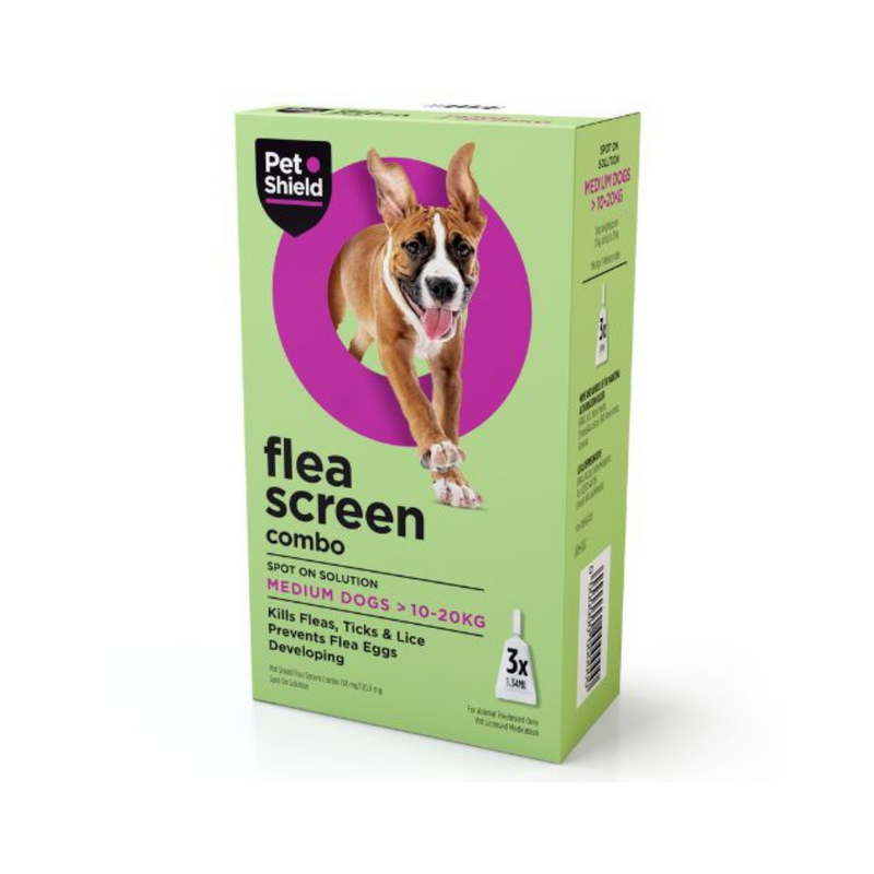 Pet Shield flea screen combo packaging for medium dogs on a white background