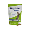White background with a green and white packet with a tabby cat pictured on the bag. Text on the bags reads 'Flexadin Advanced, Unique formulation for for joint mobility and flexibility.' In the foreground are three cross shaped treats. 