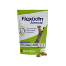 White background with a green and white packet with a tabby cat pictured on the bag. Text on the bags reads 'Flexadin Advanced, Unique formulation for for joint mobility and flexibility.' In the foreground are three cross shaped treats. 