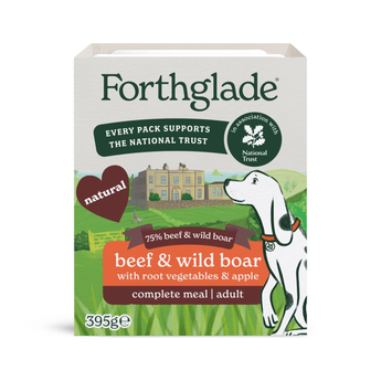 A box of Forthglade beef and wild boar dog food, featuring a white background with a green and orange illustrated label showing a dog and a country scene.
