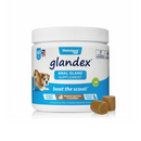 White background with a blue and white tub of Glandex Anal Gland Support Chews. On the tub is a picture of a bull dog with it bottom pointed forwards. Additional text states 'Boot the scoot!' and 'Anal gland health, Peanut Butter Flavoured, for all dogs.' 