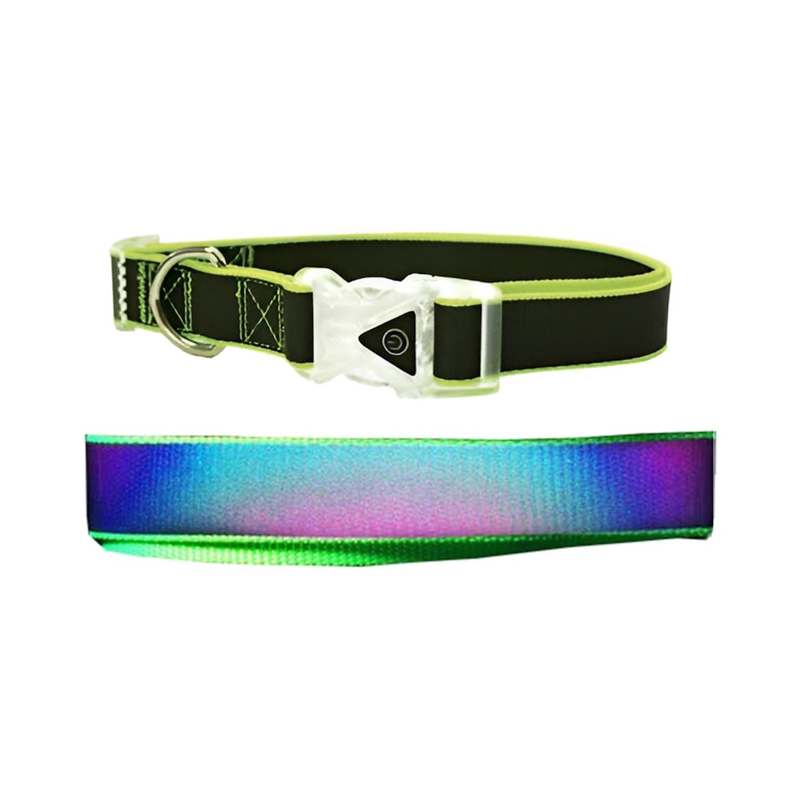 White background with a Rainbow reflective dog collar with a green trim pictured. Below is an example of the collar under light, showing the rainbow illumination. 