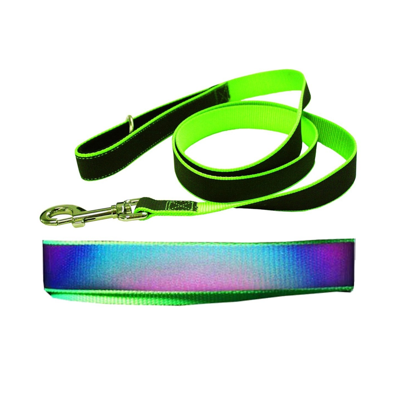 White background with a Rainbow reflective dog lead with a green trim pictured. Below is an example of the lead under light, showing the rainbow illumination. 