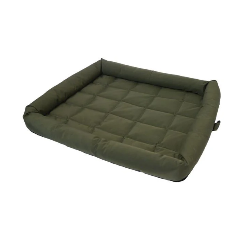 White background with a green water resistant dog crate mattress pictured. 