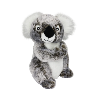 A Happy Pet plush koala dog toy with grey and white fur, large fluffy ears, and a black nose, photographed against a plain white background.