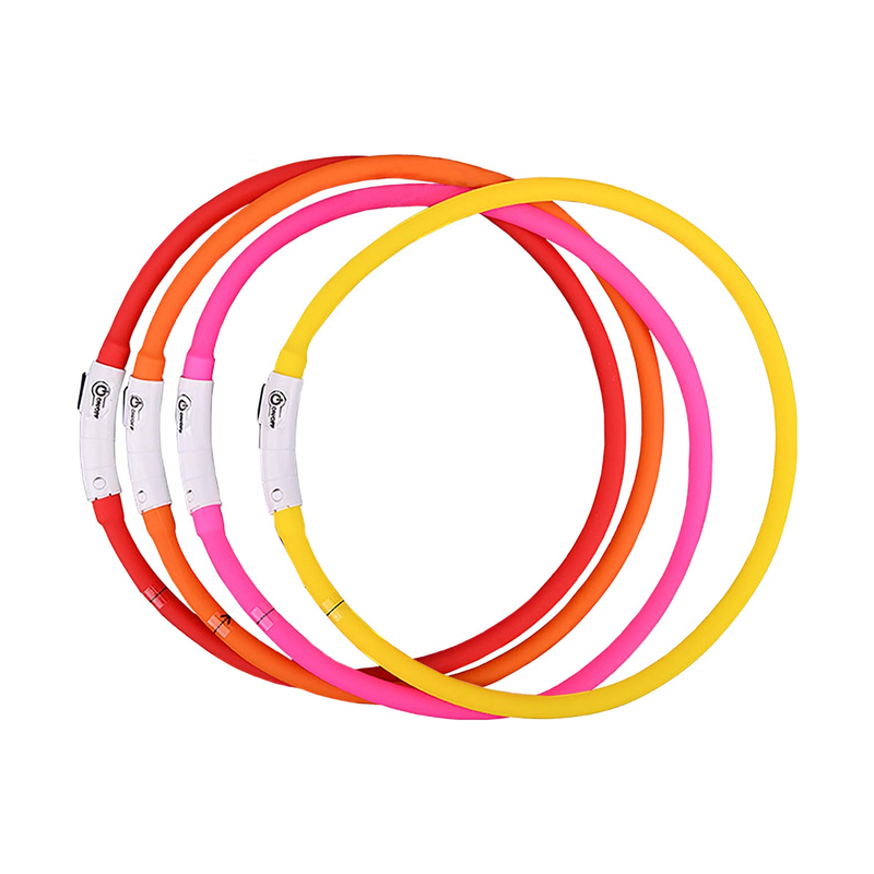 White background with four hoop dog collars in yellow, pink, orange and red with a white control panel.  
