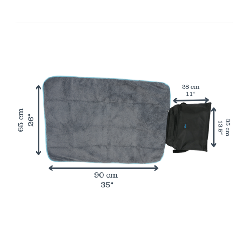 Grey Henry Wag easy-roll travel pet bed with its black bag attached laid out with measurements on either side of the grey mat indicting width 90cm, height 65cm and measurements around the black bag width 28cm. height 35mm. 
