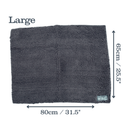 Grey microfibre noodle pet mat laid out with measurements on either side indicting width 80cm, height 65cm. Above is the title 'Large' on a white background.