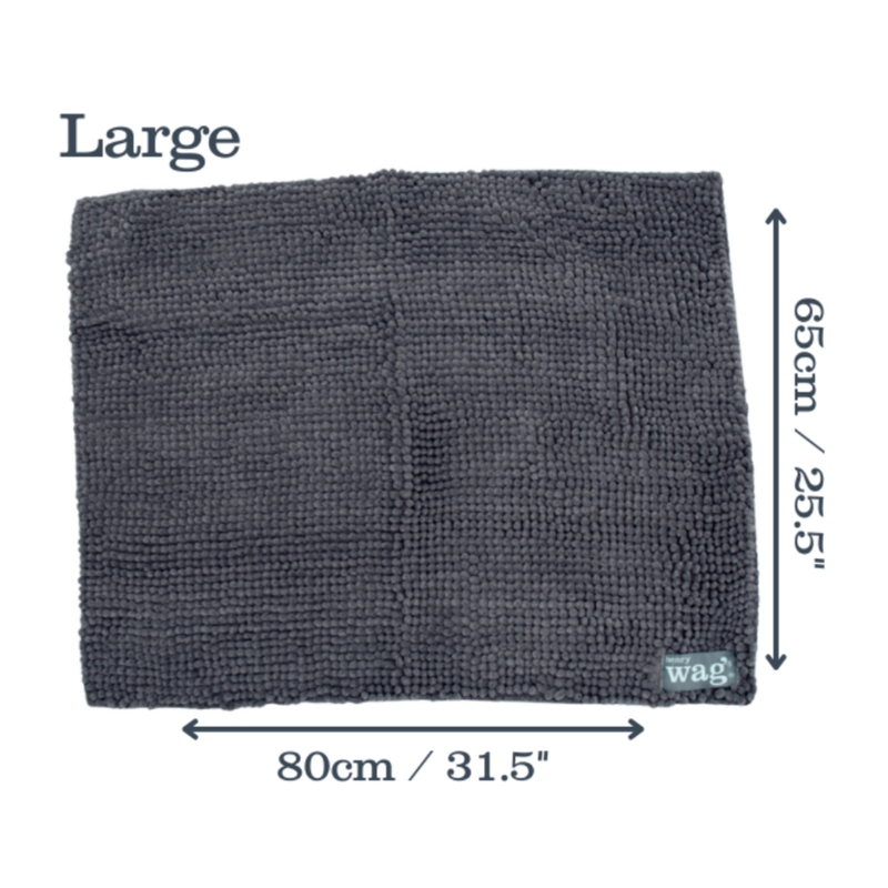 Grey microfibre noodle pet mat laid out with measurements on either side indicting width 80cm, height 65cm. Above is the title 'Large' on a white background.