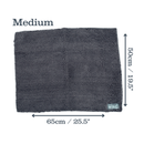 Grey microfibre noodle pet mat laid out with measurements on either side indicting width 65cm, height 50cm. Above is the title 'Medium' on a white background.