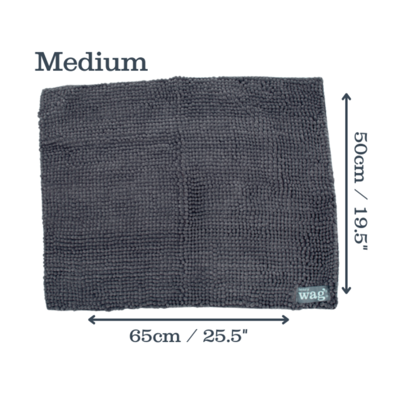 Grey microfibre noodle pet mat laid out with measurements on either side indicting width 65cm, height 50cm. Above is the title 'Medium' on a white background.