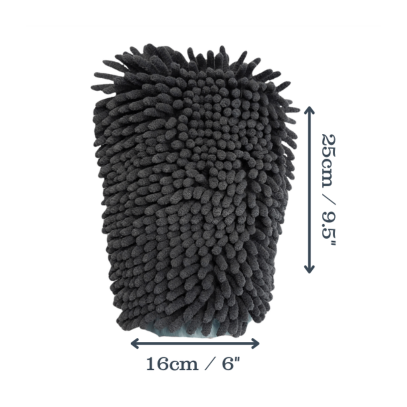 Grey Microfibre Pet Drying Glove laid out with measurements on either side indicting width 16cm, height 25cm on a white background.