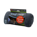 Grey microfibre cleaning towel rolled up in a cardboard sleeve with text 'Henry Wag, Active Paws Outdoors, Microfibre Cleaning Towel' with a picture of a Jack Russel wrapped in the towel on the packet. Pictured on a white background. 
