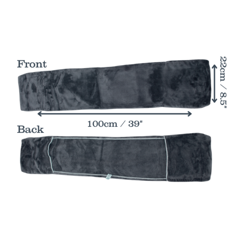 Front and back view of two grey microfibre pet glove towels laid out with measurements on either side indicting 'Front width 100cm, height 22cm' and 'Back'. Pictured on a white background. 