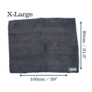 Grey microfibre noodle pet mat laid out with measurements on either side indicting width 100cm, height 80cm. Above is the title 'X-Large' on a white background.