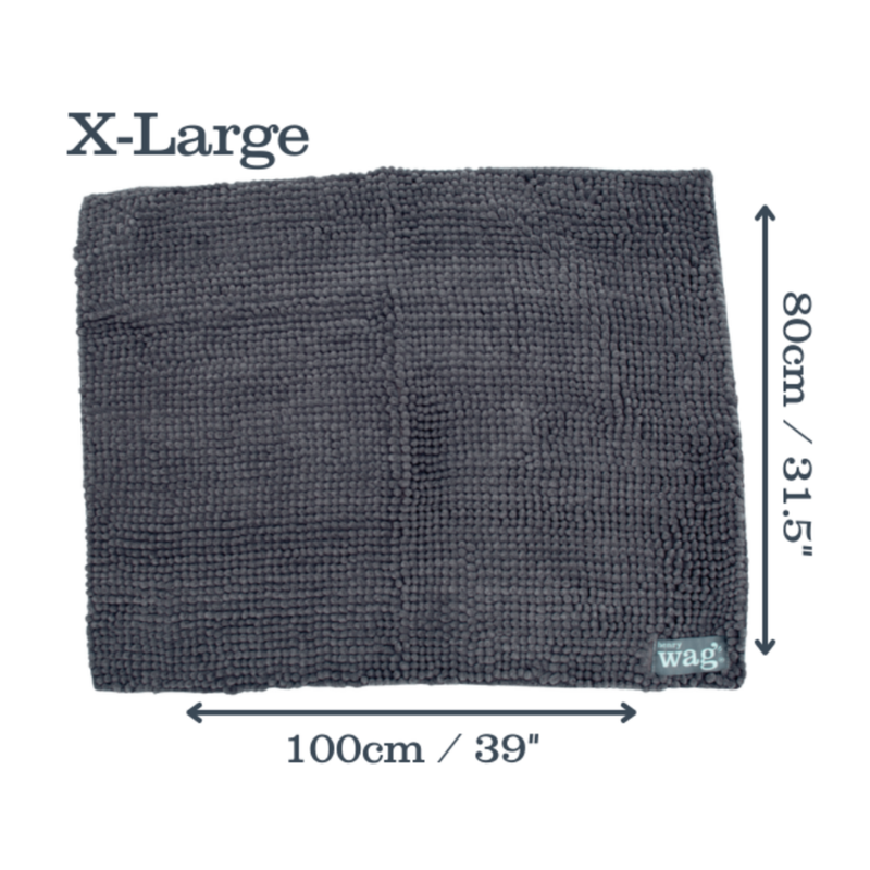 Grey microfibre noodle pet mat laid out with measurements on either side indicting width 100cm, height 80cm. Above is the title 'X-Large' on a white background.