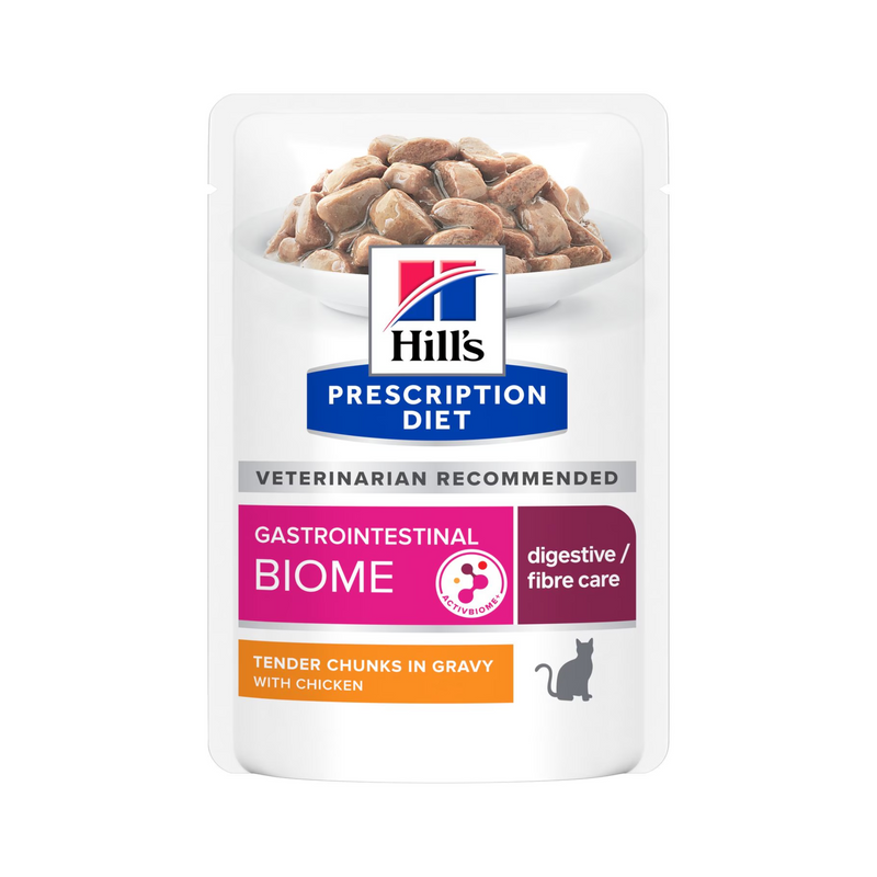 Hills Prescription cat food pouch with a bowl full of food pictured on the label, text reads 'Gastrointestinal Biome, digestive/fibre care' and 'Tender chucks in gravy with chicken' on a white background. 