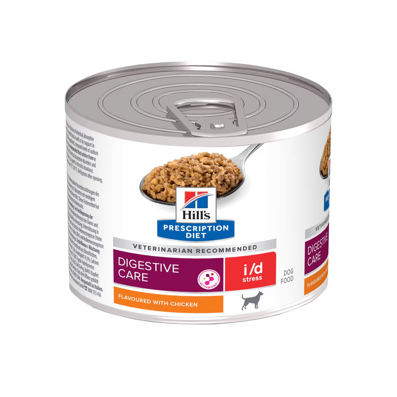 Hills Prescription dog food tin with a spoon full of food pictured on the label, text reads 'Digestive Care' and 'I/D, Stress' and 'flavoured with chicken' on a white background. 