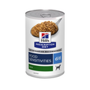 Hills Prescription dog food tin with a spoon full of food pictured on the label, text reads 'Food Sensitivities' and 'D/D' and 'Duck' on a white background. 
