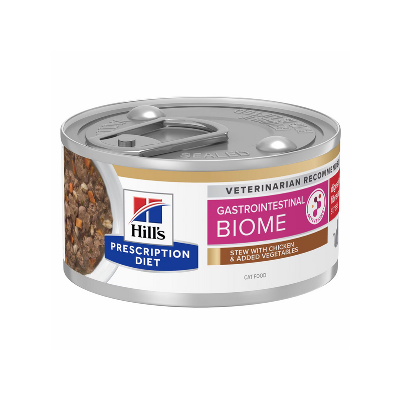 Hills Prescription cat food tin with a bowl full of food pictured on the label, text reads 'Gastrointestinal Biome, Stress' and 'Stew with chicken & added vegetables' on a white background. 