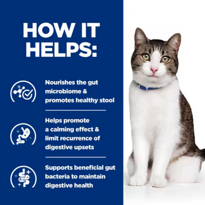 Picture of a long haired adult brown tabby and white cat pictured next to a blue section with white text stating 'How it helps: Nourishes the gut microbiome & promotes healthy stool, Helps promote a calming effect & limit recurrence of digestive upsets, Supports beneficial gut bacteria to maintain digestive health.' 