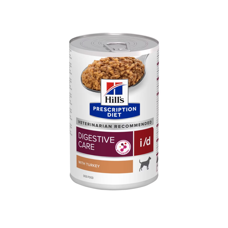 Hills Prescription dog food tin with a bowl full of food pictured on the label, text reads 'Digestive Care' and 'I/D' and 'with Turkey' on a white background. 