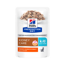 Hills Prescription cat food pouch with a bowl full of food pictured on the packet, text reads 'Kidney Care, K/D Early Stage' and 'Tender chunks in Gravy with Chicken' on a white background. 