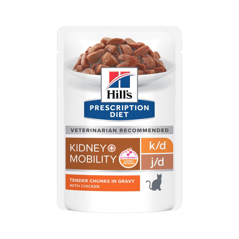 Hills Prescription cat food pouch with a bowl full of food pictured on the packet, text reads 'Kidney + Mobility, K/D J/D' and 'Tender chunks in Gravy with Chicken' on a white background. 