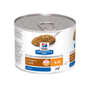 Hills Prescription dog food tin with a spoon full of food pictured on the label, text reads 'Kidney Care, K/D' and 'Original' on a white background. 