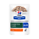 Hills Prescription cat food pouch with a bowl full of food pictured on the label, text reads 'Diabetes Care, M/D' and 'Tender chucks in gravy with chicken' on a white background. 