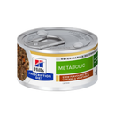 Hills Prescription cat food tin with a bowl full of food pictured on the label, text reads 'Metabolic' and 'Stew with chicken & added vegetables' on a white background. 